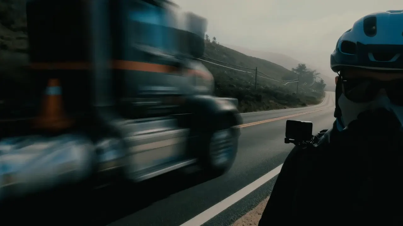 A big truck passing close to a masked rider on the narrow Big Sur highway.